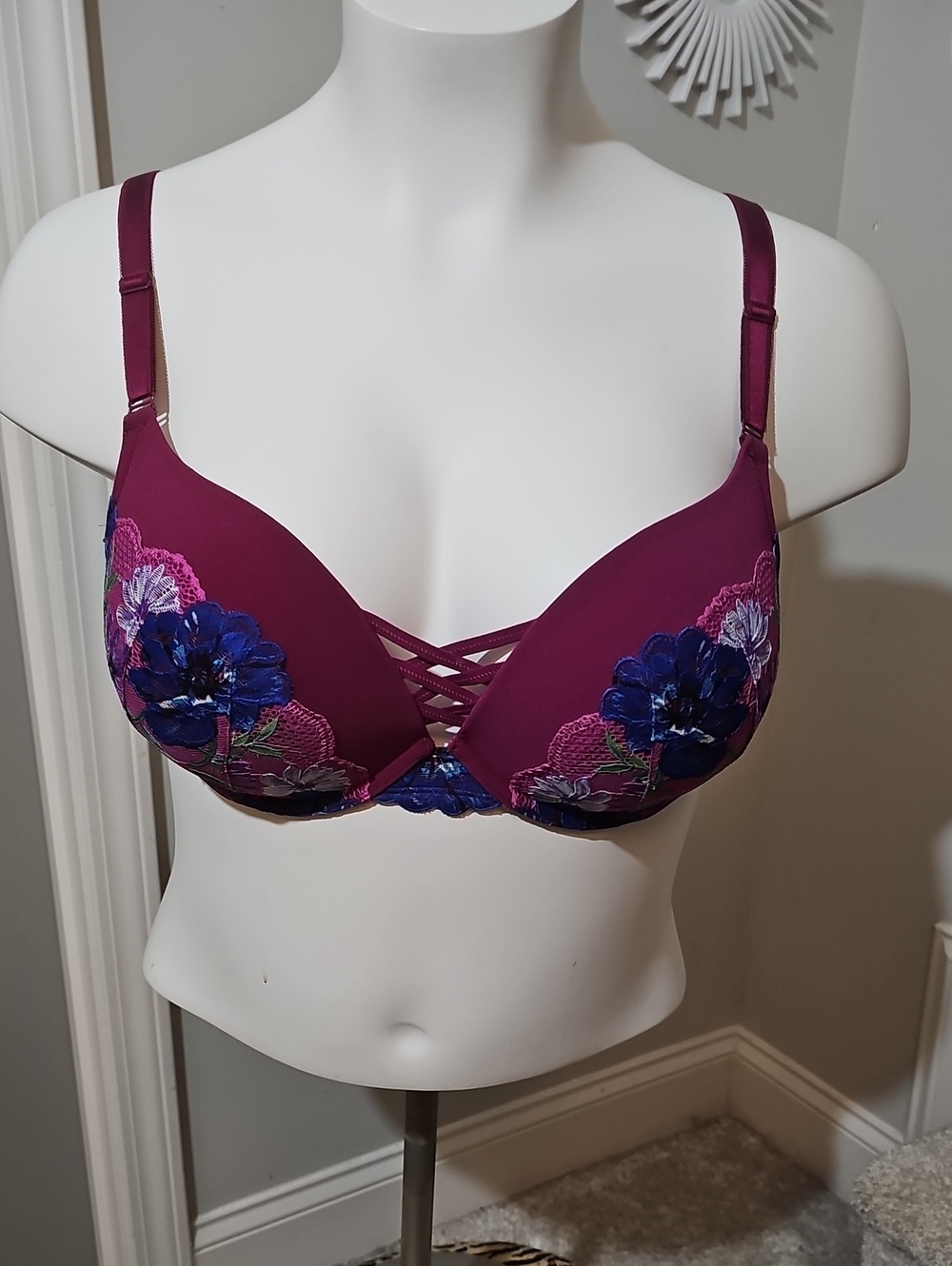 Torrid XO Plunge Plum Floral Lace-Accent Push-Up Bra with Blue Embroidery